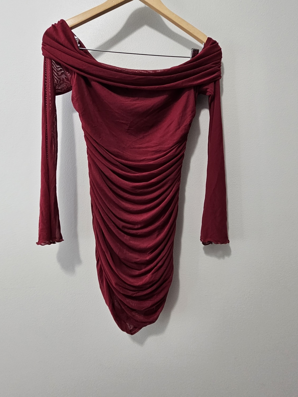 SHEIN Off-Shoulder Ruched Mini Dress in Wine